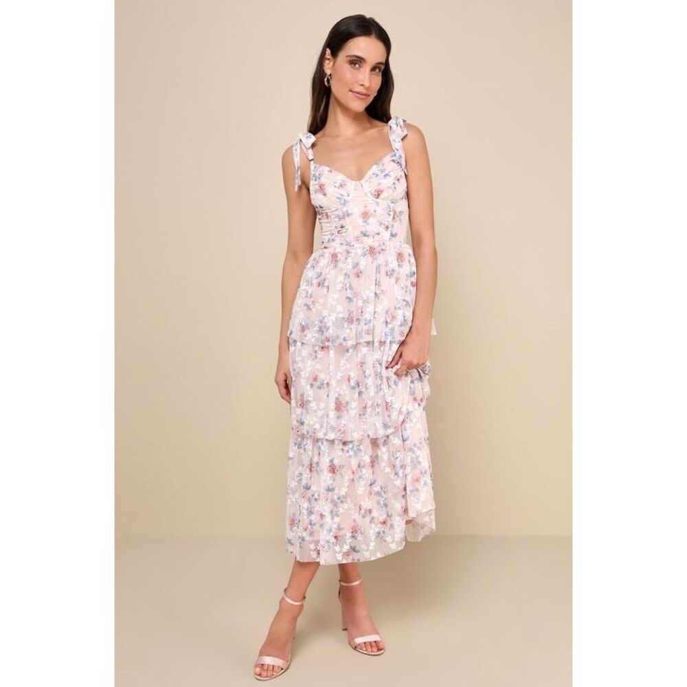 Lulus Flirtatious Radiance Blush Pink Floral Mesh Bustier Midi Dress - Size XS